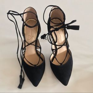 Black suede heels, size 7M, never worn